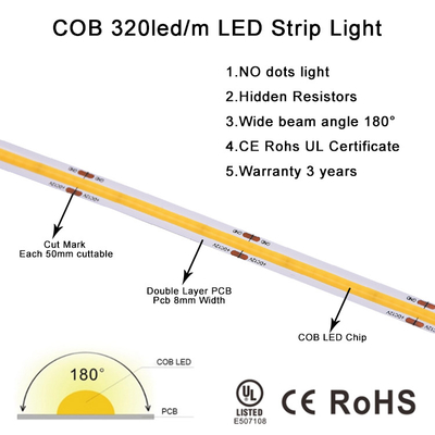 نوارهای LED ضد آب COB بدون نقطه اتصال برش 12 24 ولت سفید فوق العاده روشن
