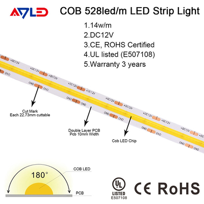 12 ولت 24 ولت بدون نقطه COB نوار LED تراشه منعطف نور با قابلیت تنظیم نور 10 میلی متری